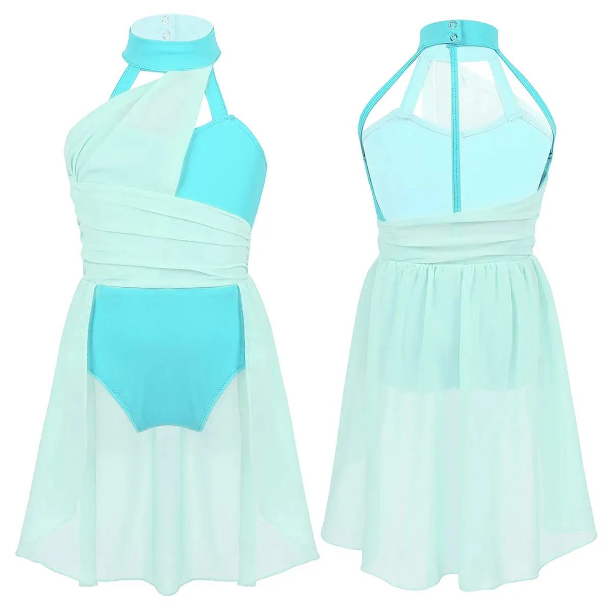 Kid Girls Ballet Leotard Dress: Sleeveless Ruched Chiffon Bodice with Caged Back