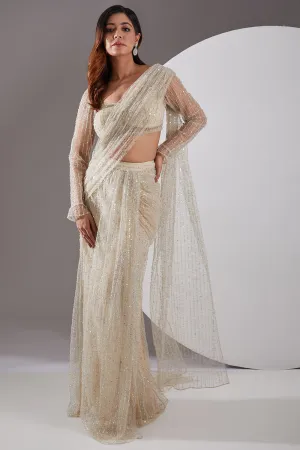 Lace Embellished Cream Saree Set Gown