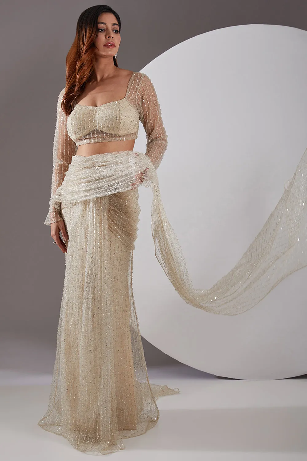 Lace Embellished Cream Saree Set Gown