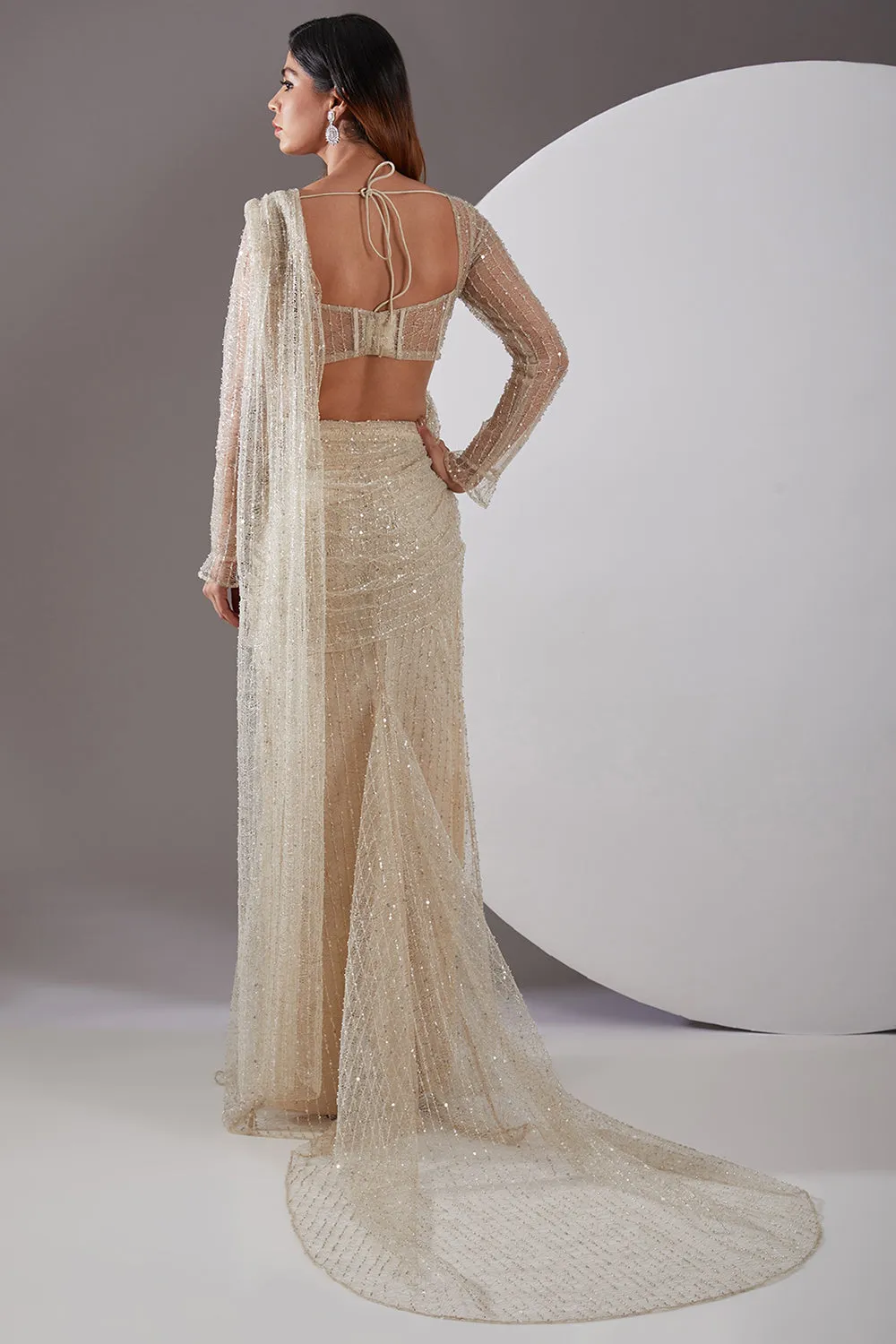 Lace Embellished Cream Saree Set Gown