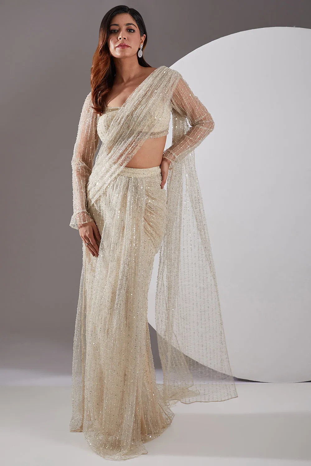 Lace Embellished Cream Saree Set Gown