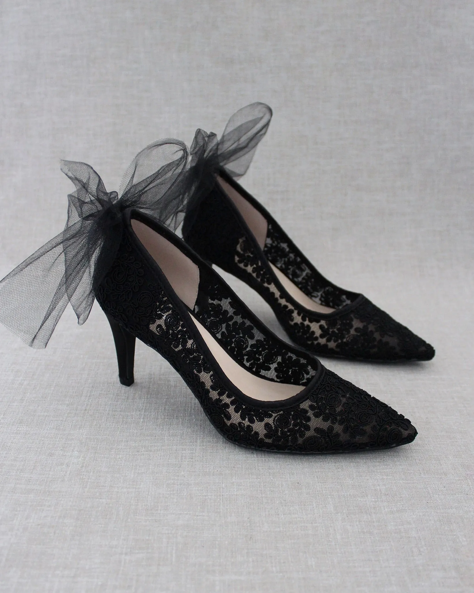 Lace Evening Shoes with Tulle Back Bow