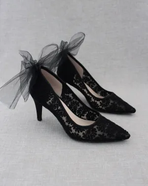 Lace Evening Shoes with Tulle Back Bow