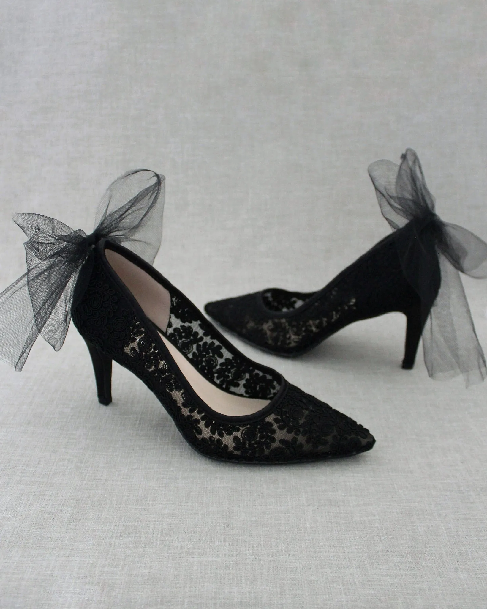 Lace Evening Shoes with Tulle Back Bow