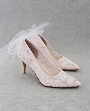 Lace Evening Shoes with Tulle Back Bow