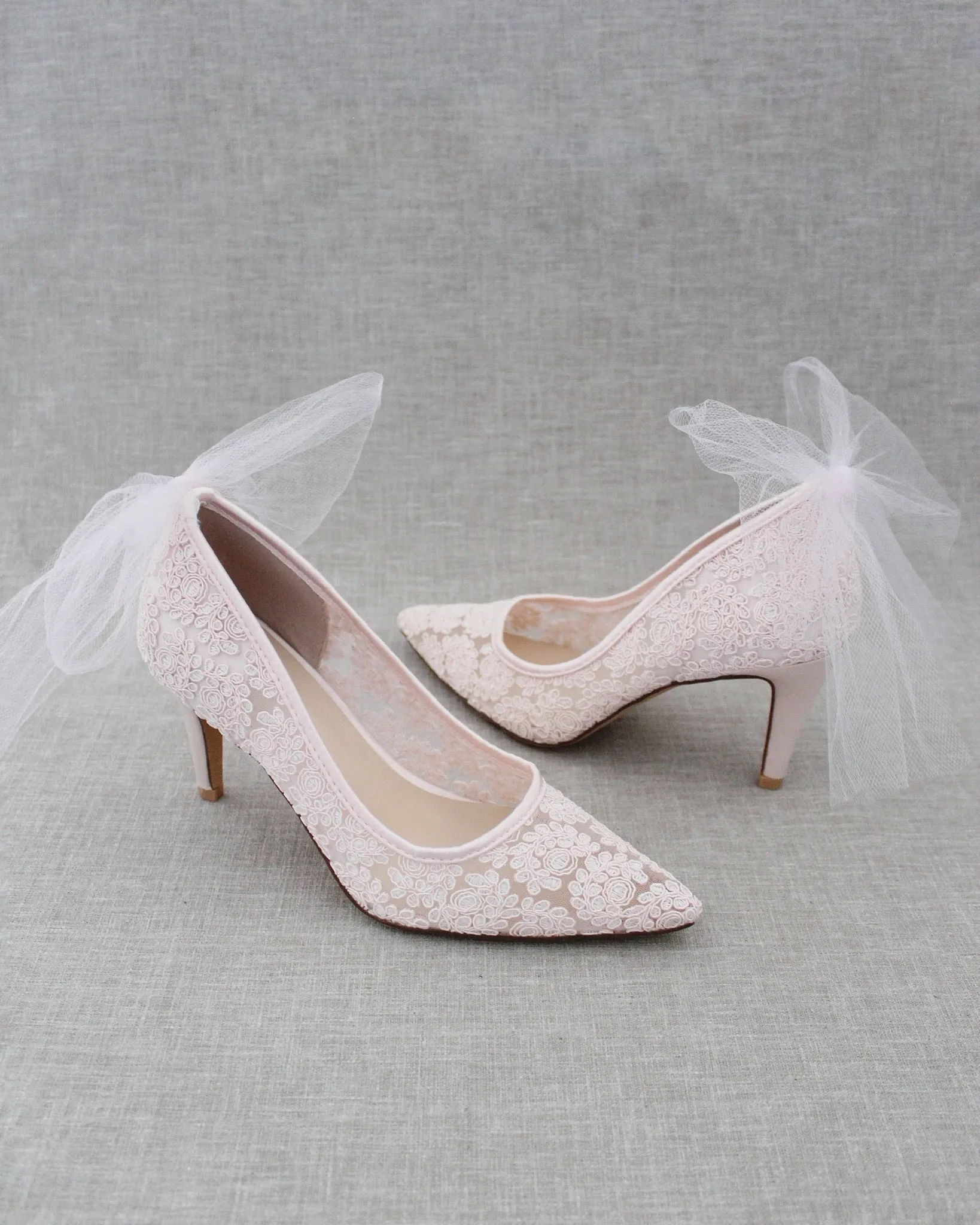 Lace Evening Shoes with Tulle Back Bow