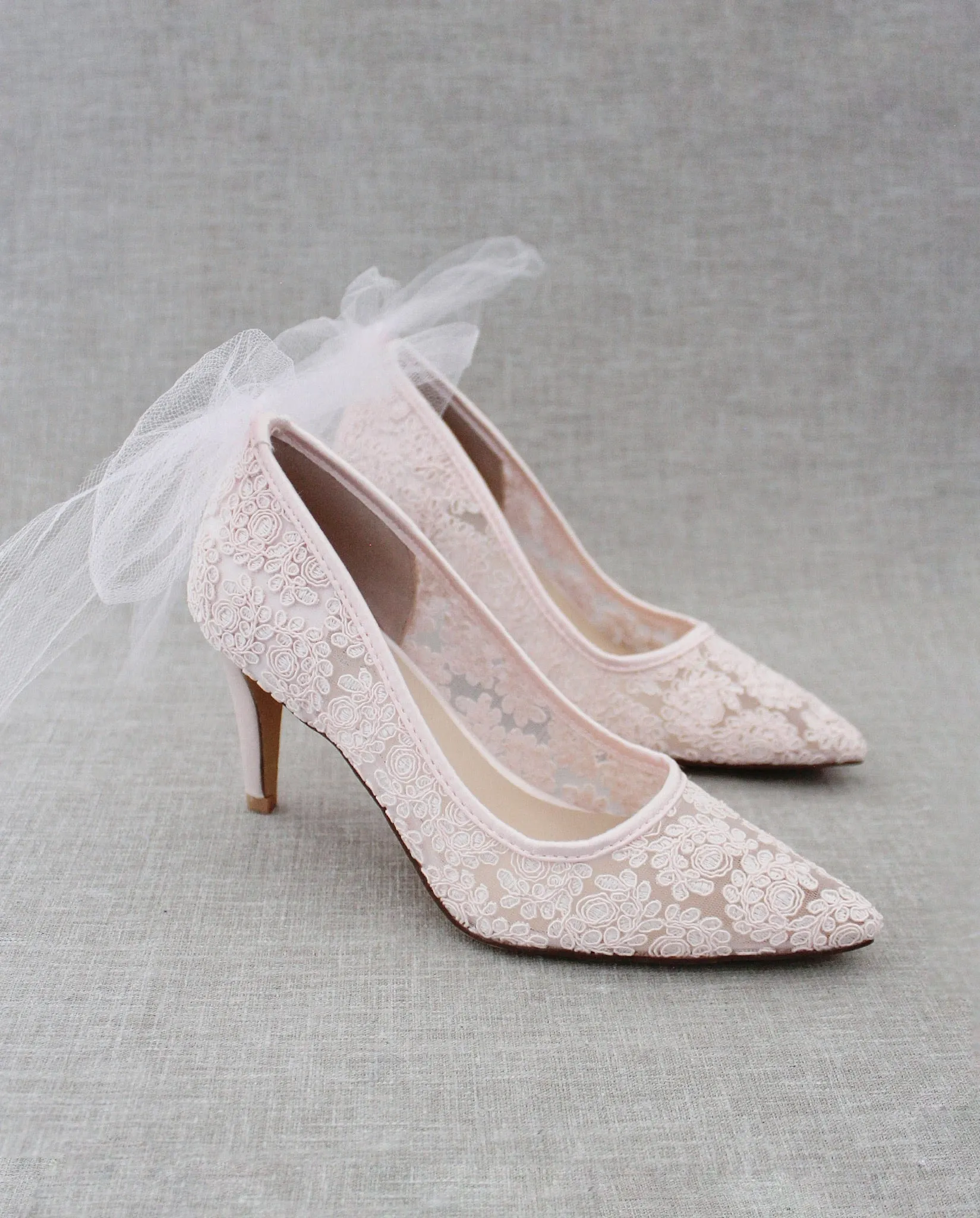 Lace Evening Shoes with Tulle Back Bow