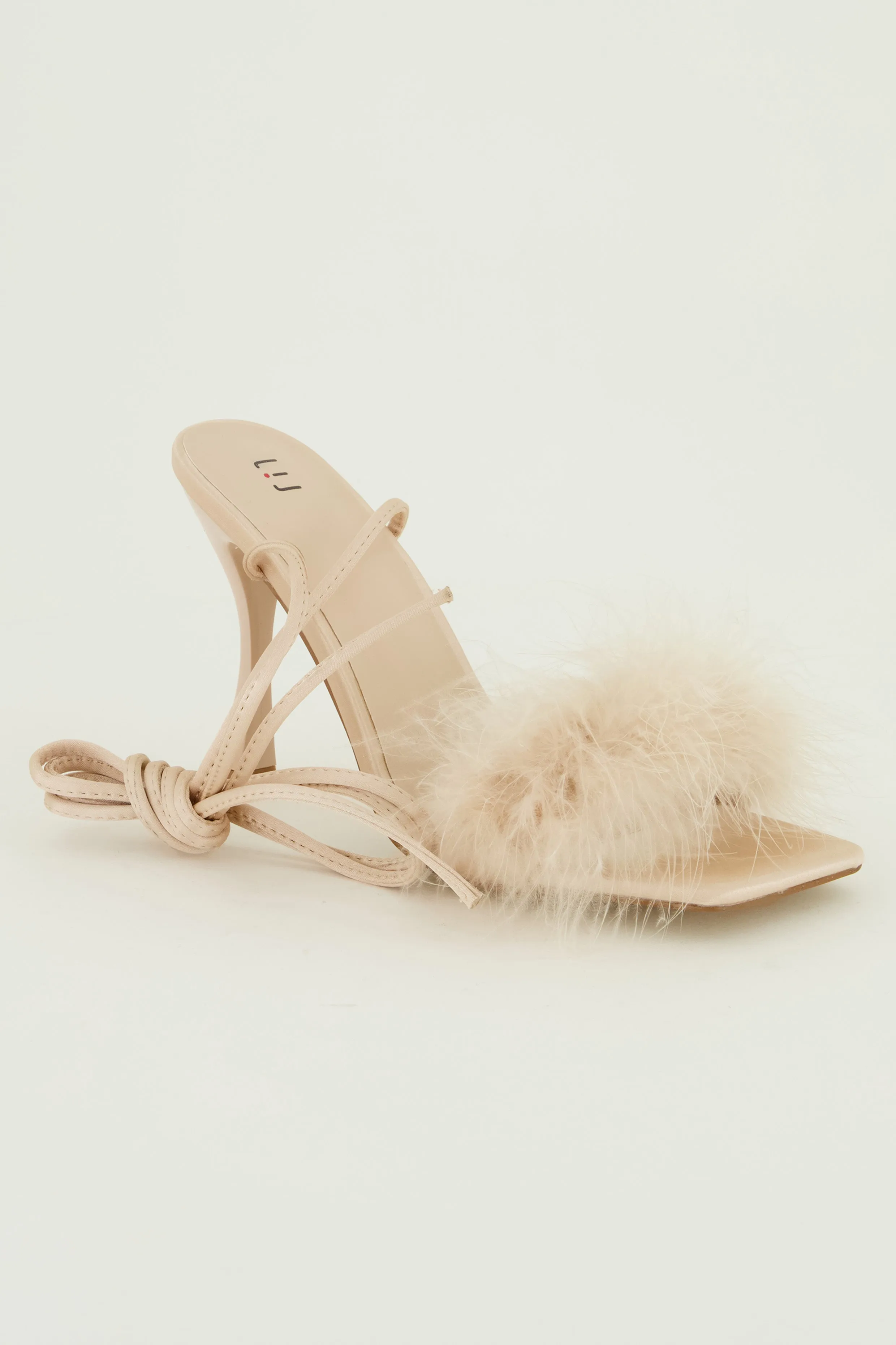 Lace Up Strappy Feather Trim Heels