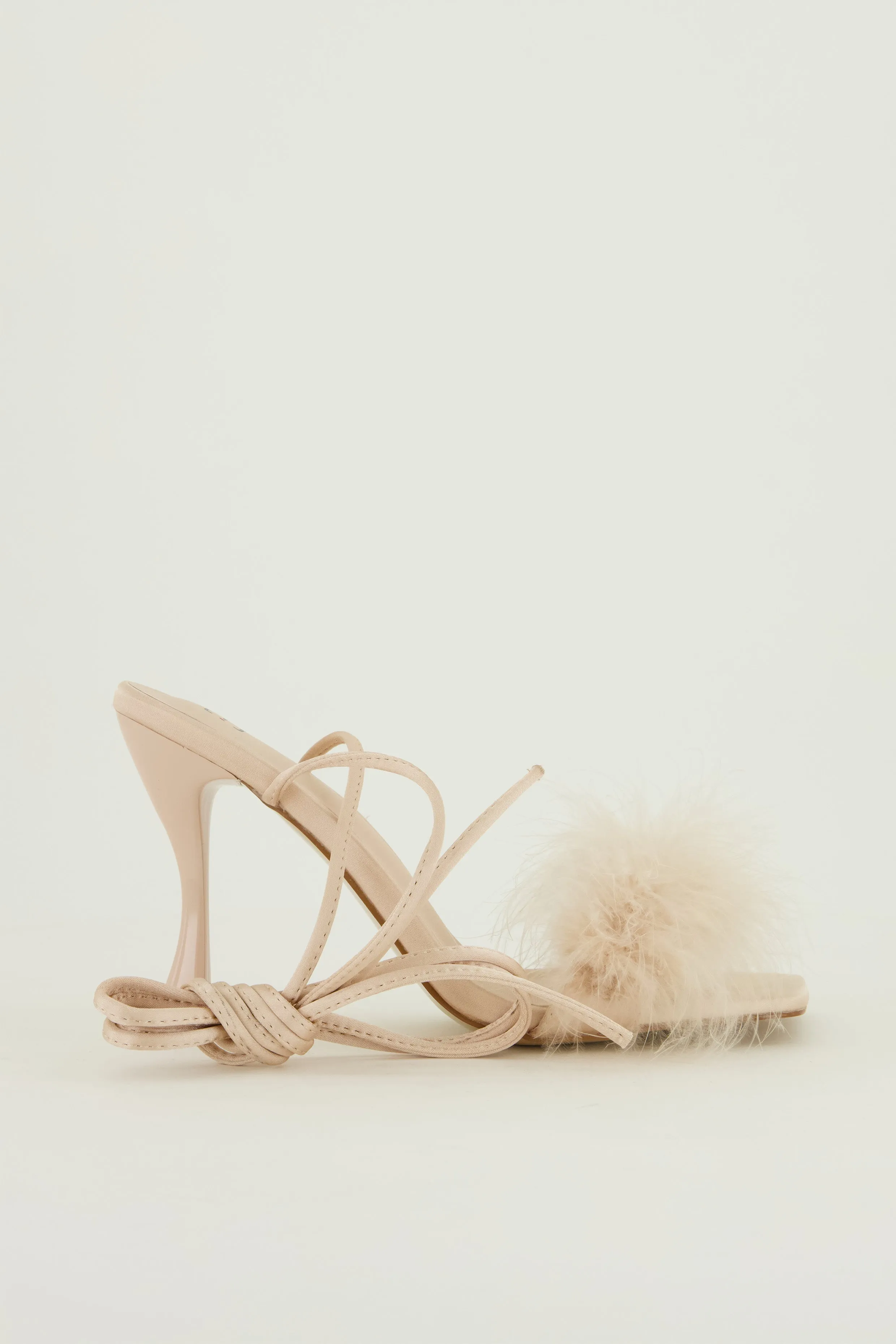 Lace Up Strappy Feather Trim Heels