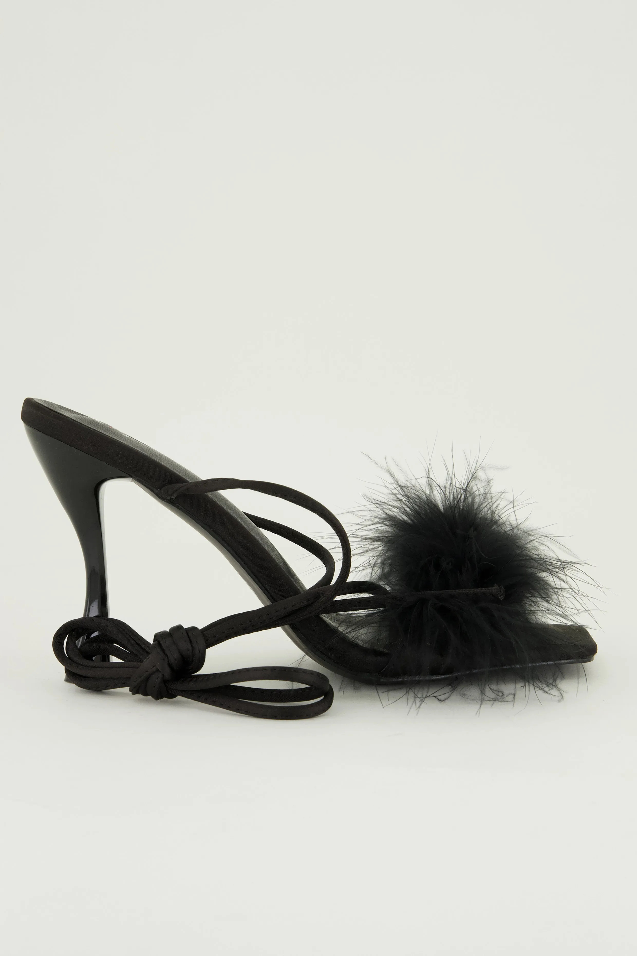 Lace Up Strappy Feather Trim Heels
