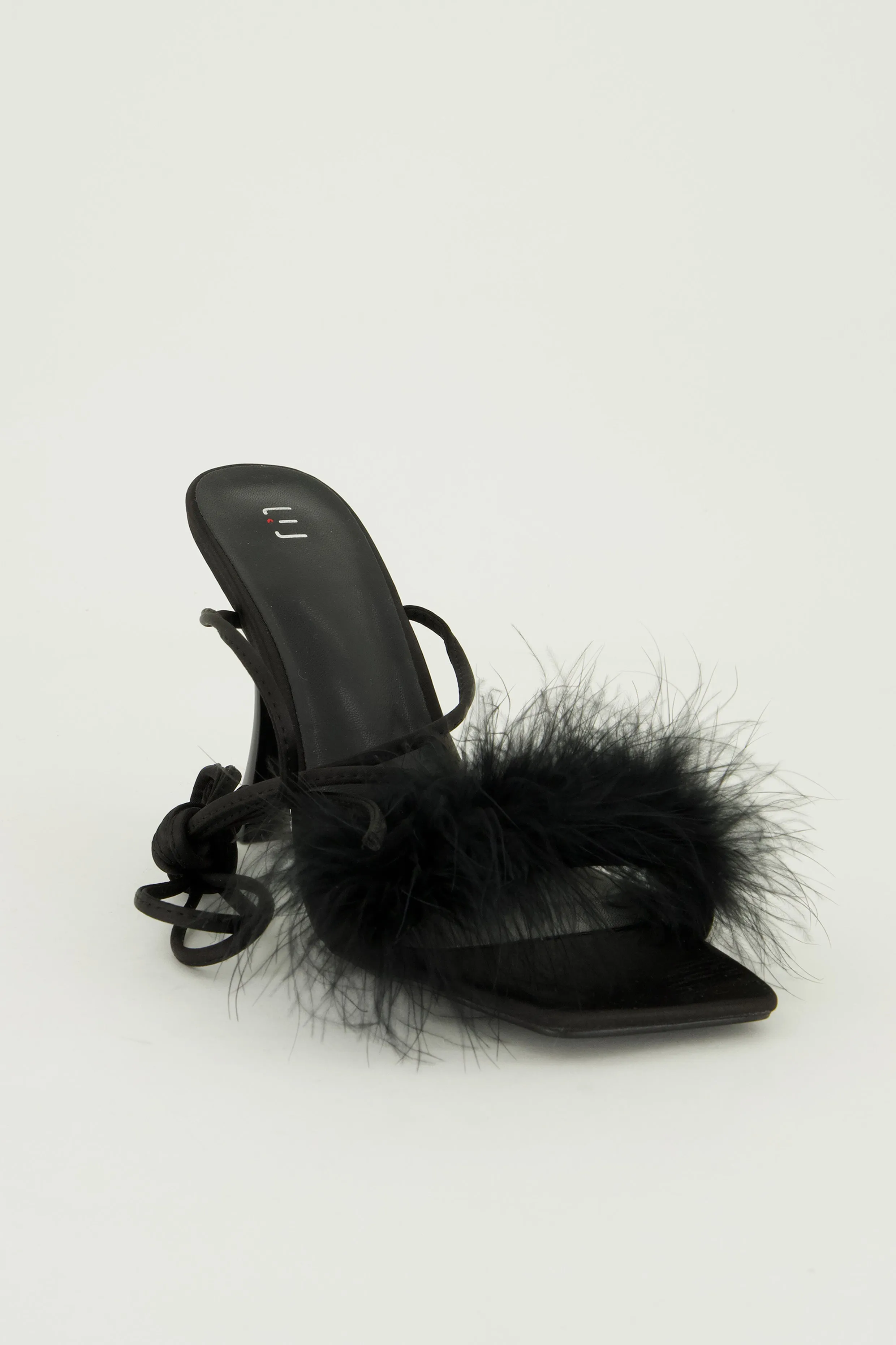 Lace Up Strappy Feather Trim Heels