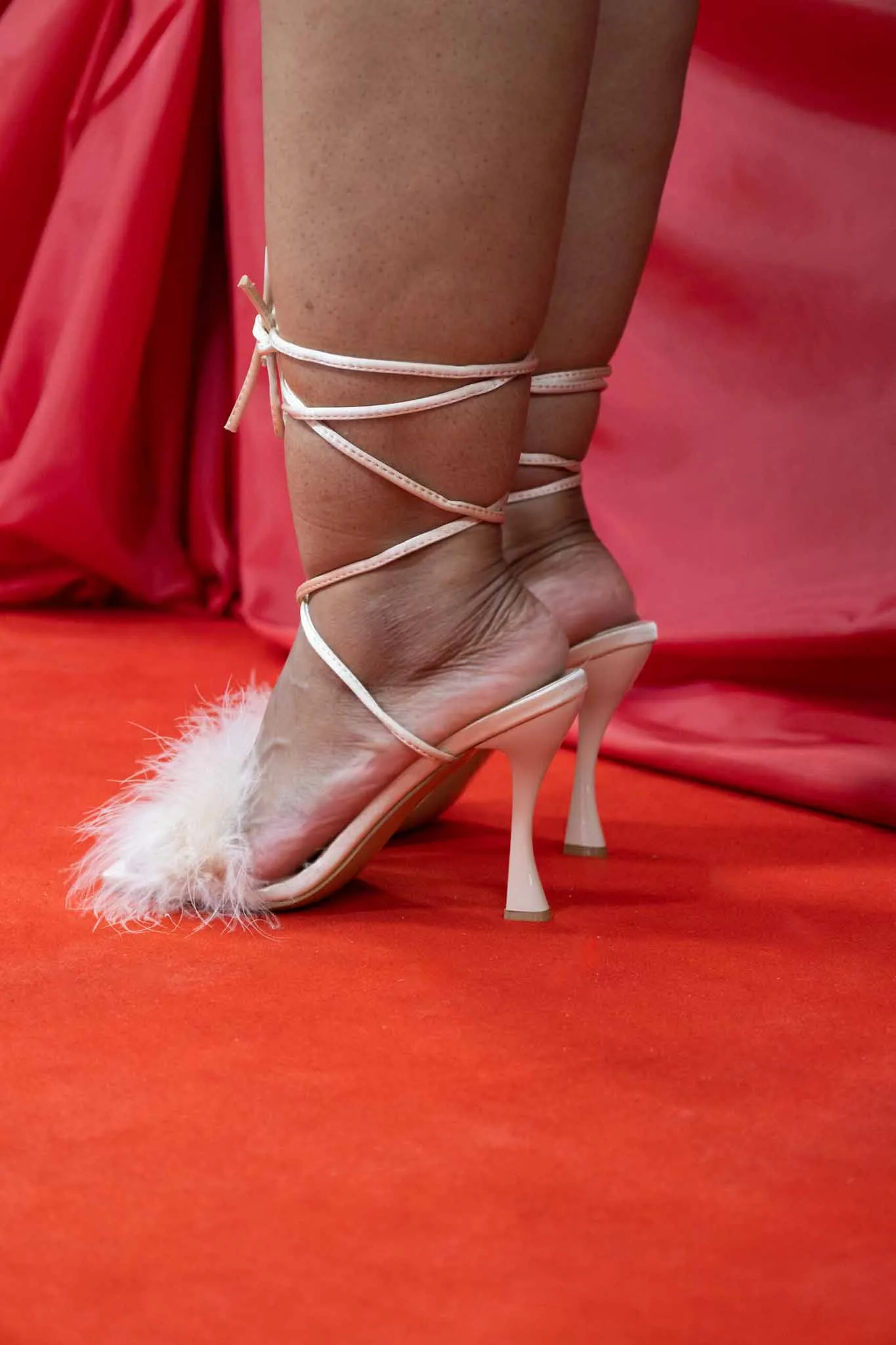 Lace Up Strappy Feather Trim Heels