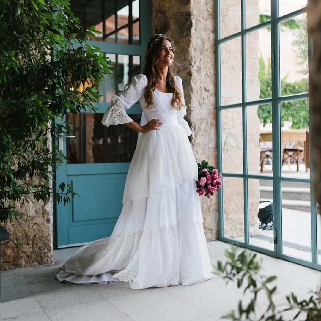 Lace Wedding Dresses,dresses， Rustic Wedding Dress,3/4 Sleeves Lace  bridal gown,  Lantern sleeve wedding dress