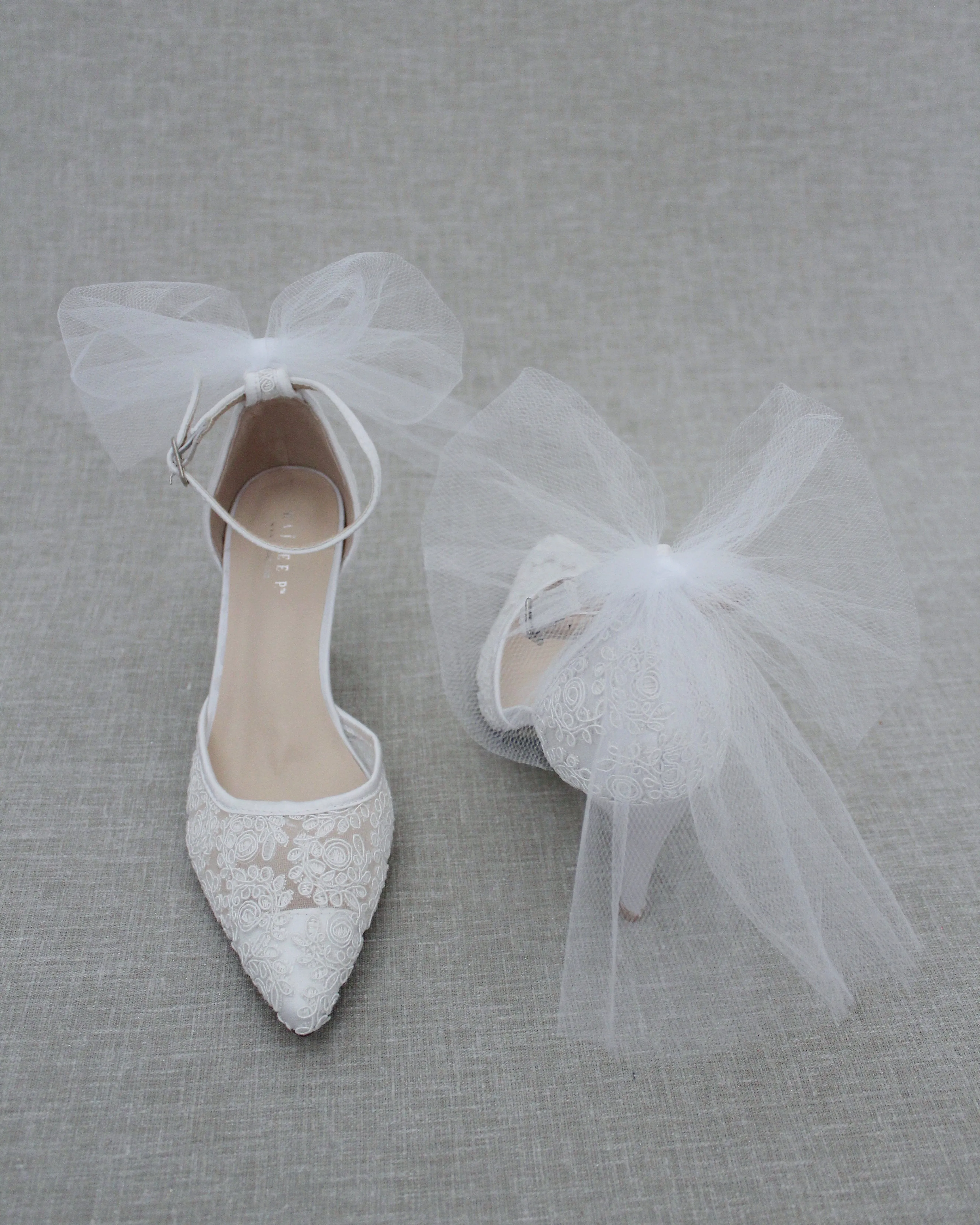 Lace Wedding Heels with Tulle Bow