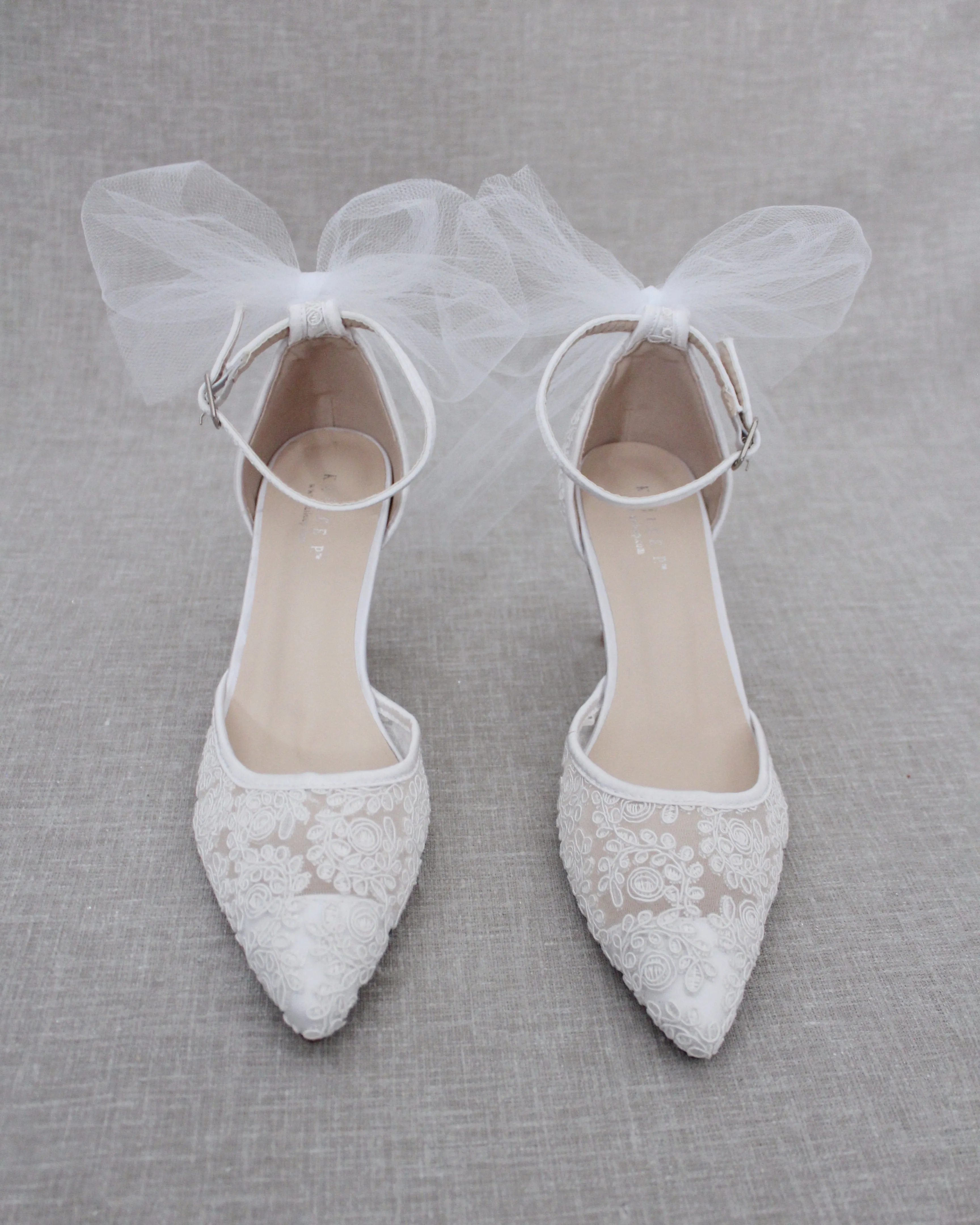 Lace Wedding Heels with Tulle Bow