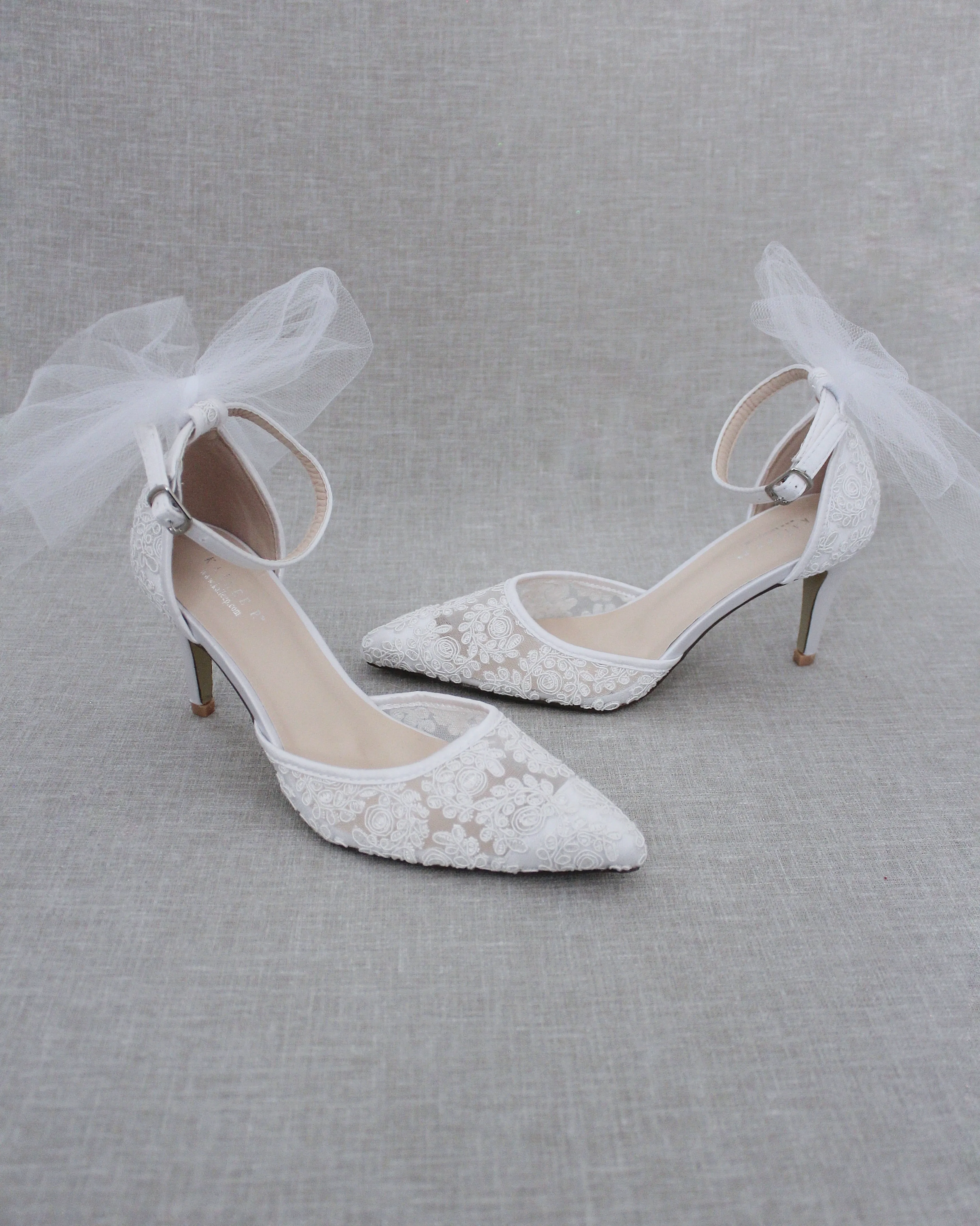 Lace Wedding Heels with Tulle Bow