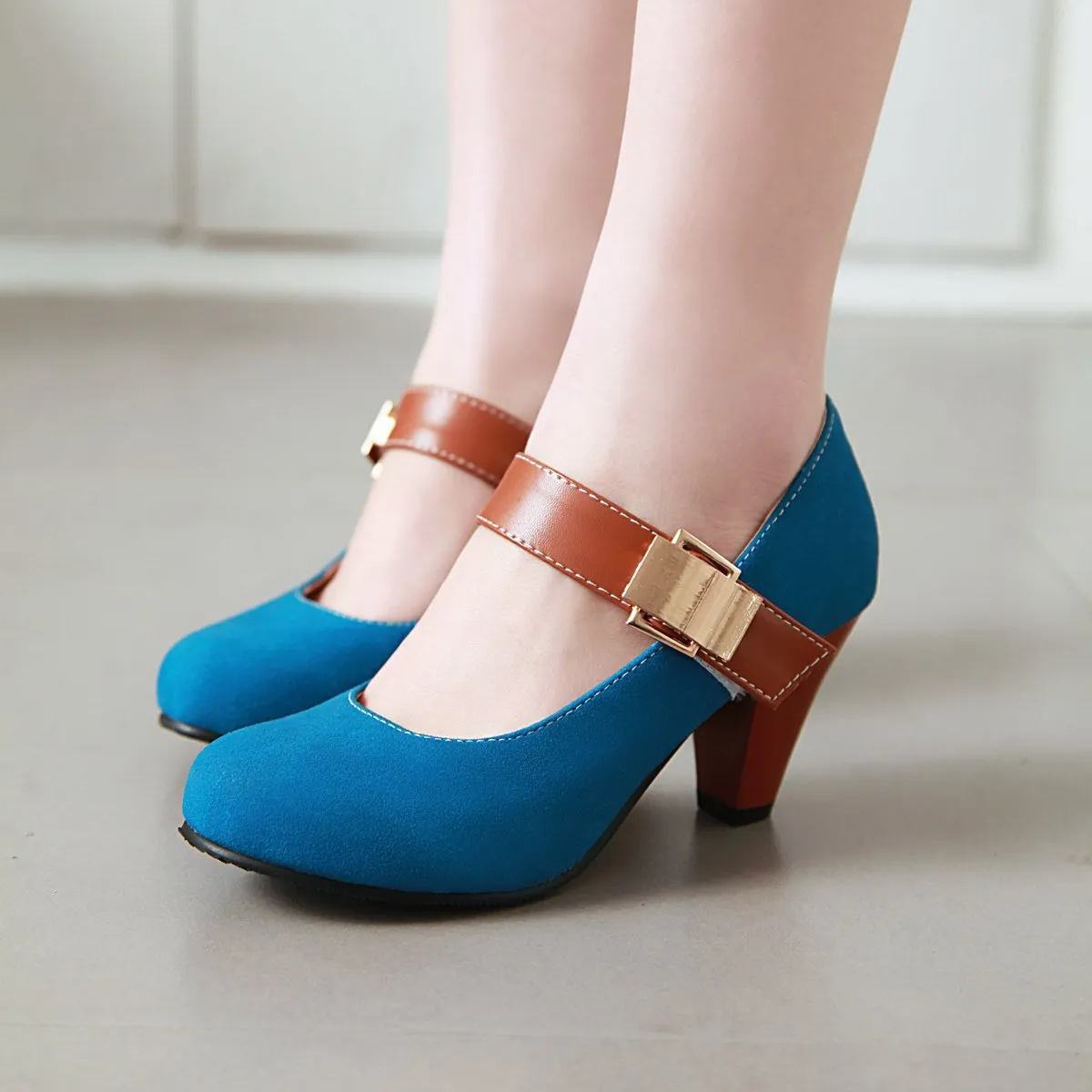 Ladies Round Toe Mary Janes Mid Heeled Shoes for Woman