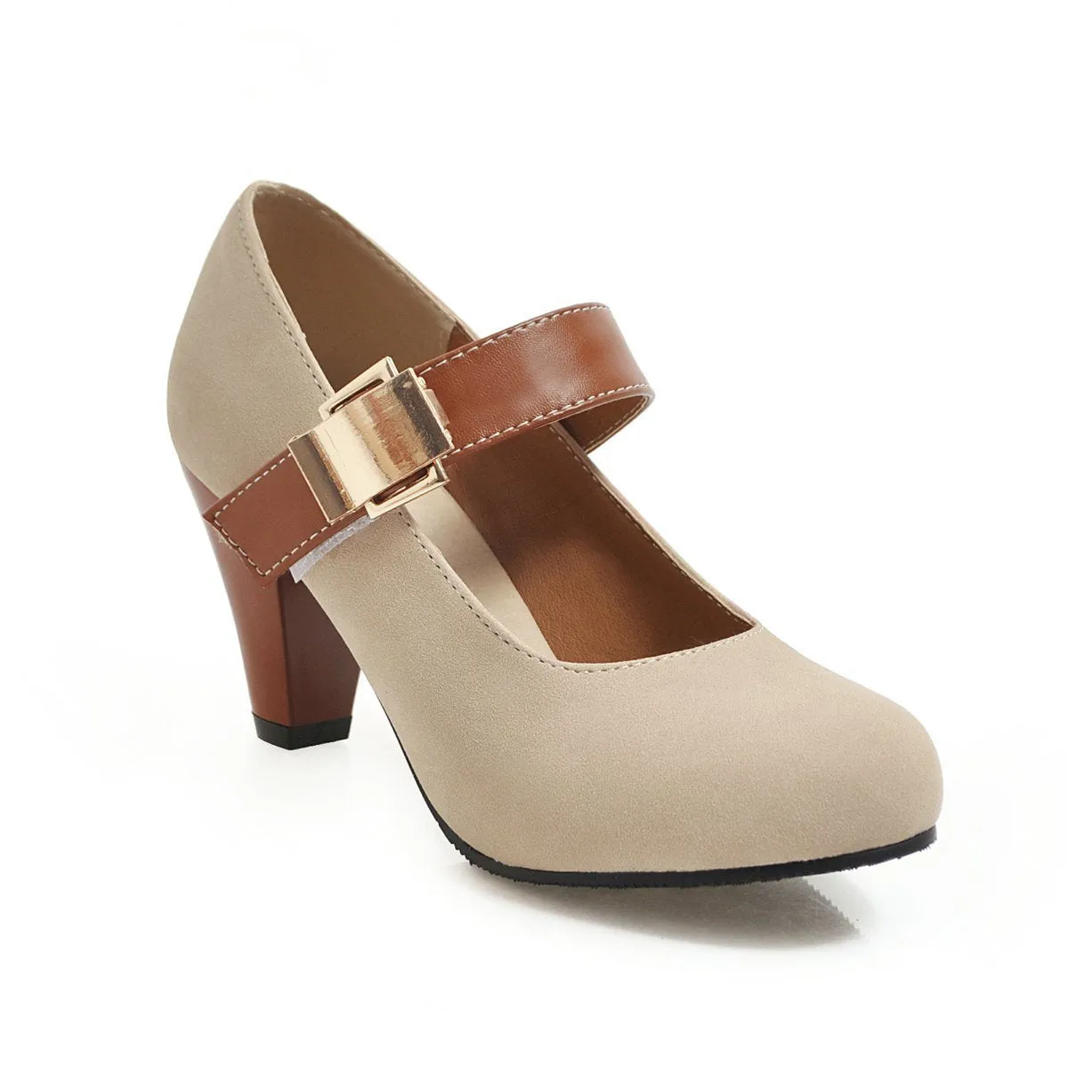 Ladies Round Toe Mary Janes Mid Heeled Shoes for Woman