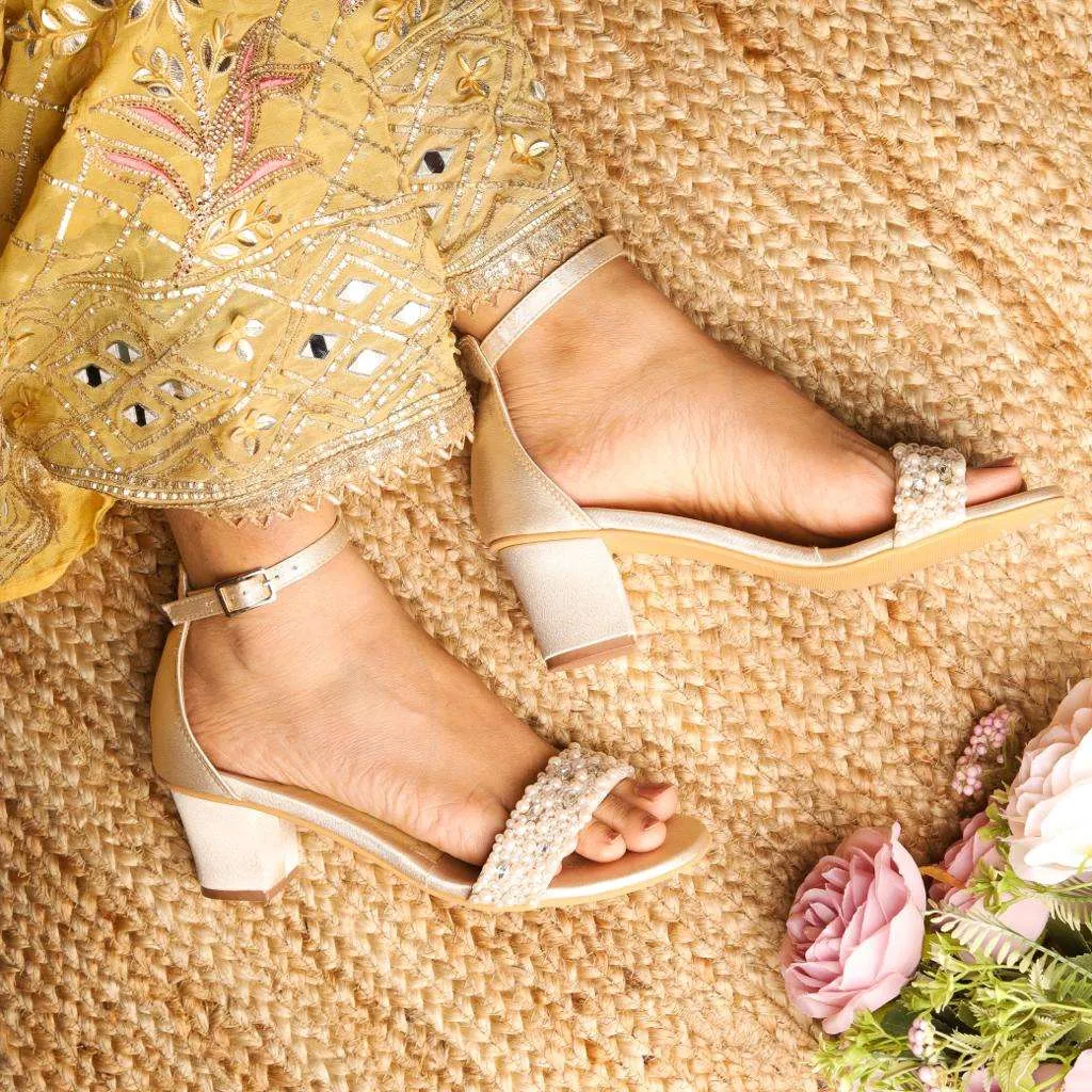 Laila (blocks) Pearl Light gold Satin Crystal Heels
