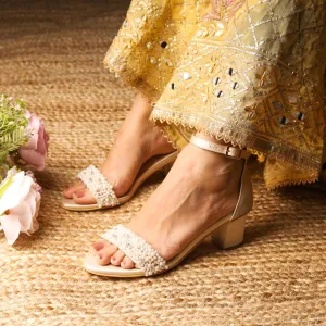 Laila (blocks) Pearl Light gold Satin Crystal Heels