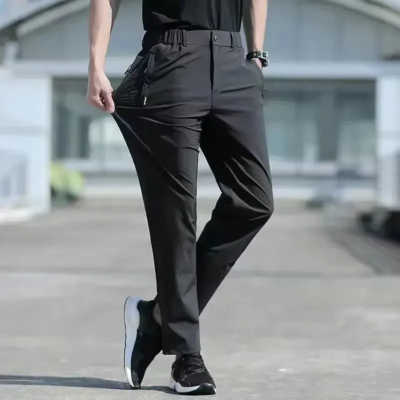 Large Size Men's Summer Pants - Big Size Ice Silk Stretch Breathable Straight Leg Pants with Quick Dry Elastic Band