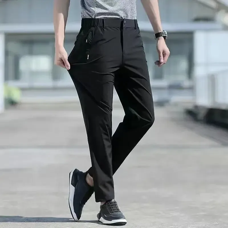 Large Size Men's Summer Pants - Big Size Ice Silk Stretch Breathable Straight Leg Pants with Quick Dry Elastic Band