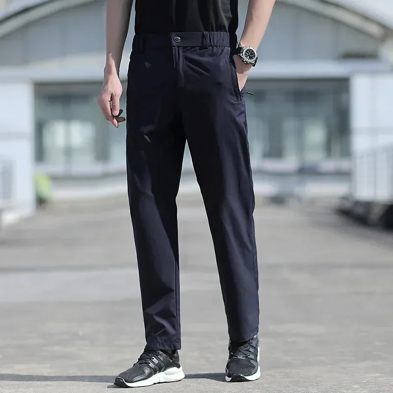 Large Size Men's Summer Pants - Big Size Ice Silk Stretch Breathable Straight Leg Pants with Quick Dry Elastic Band