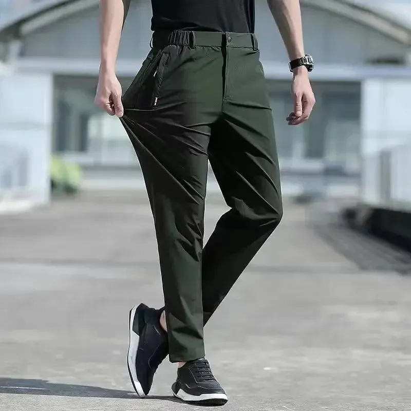 Large Size Men's Summer Pants - Big Size Ice Silk Stretch Breathable Straight Leg Pants with Quick Dry Elastic Band