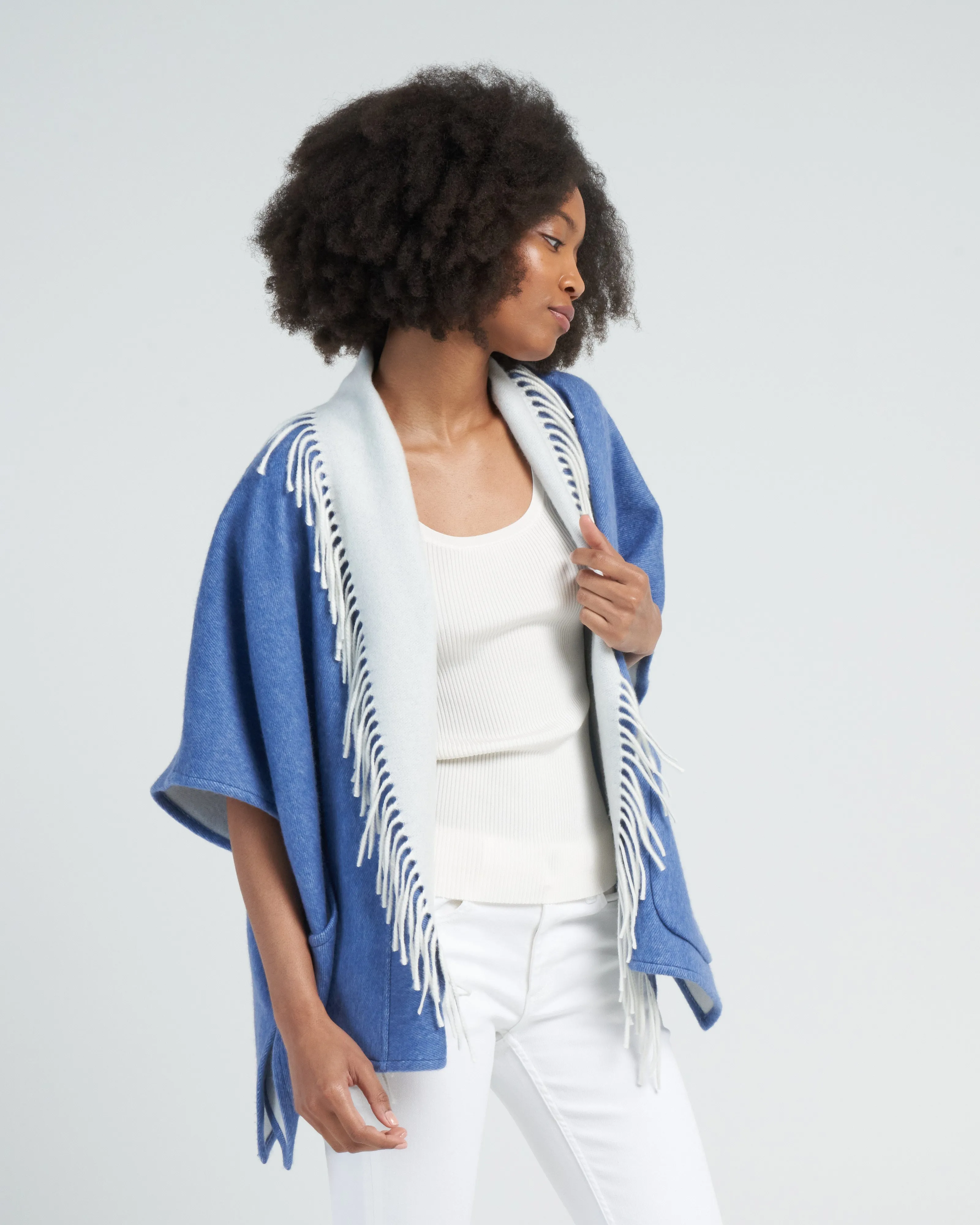 ledor poncho with fringe - blue