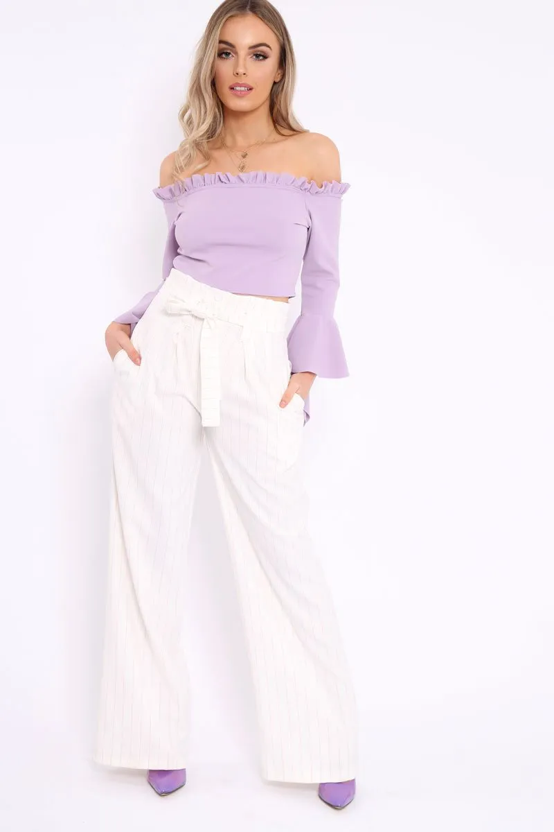 Lilac Bardot Frill Crop Top with Flared Sleeves - Tiffy