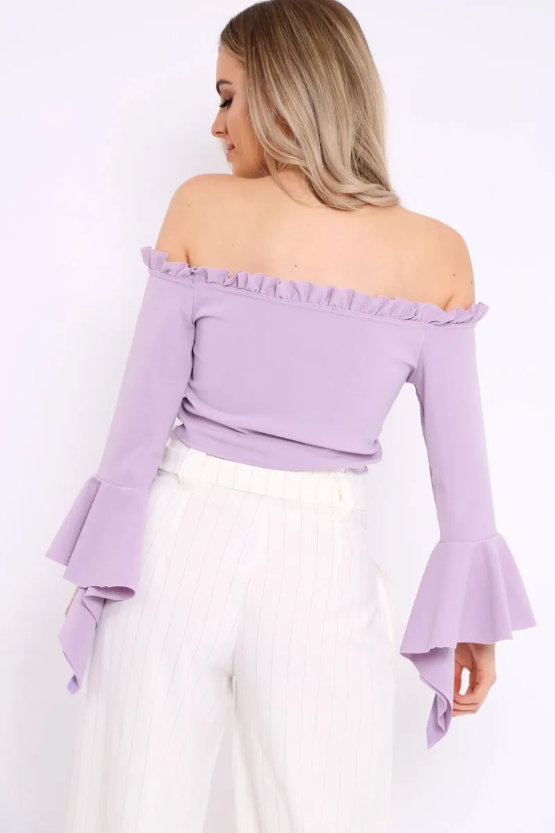 Lilac Bardot Frill Crop Top with Flared Sleeves - Tiffy
