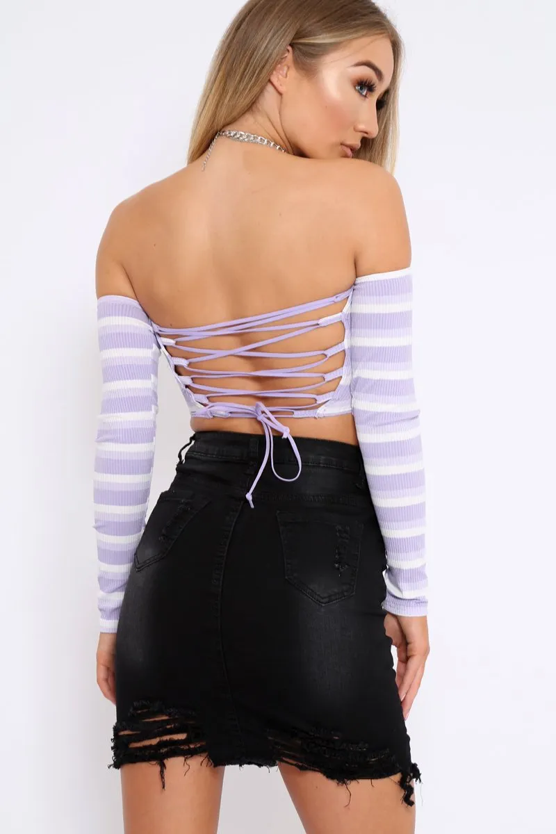 Lilac Striped Lace Up Back Crop Top - Cerys