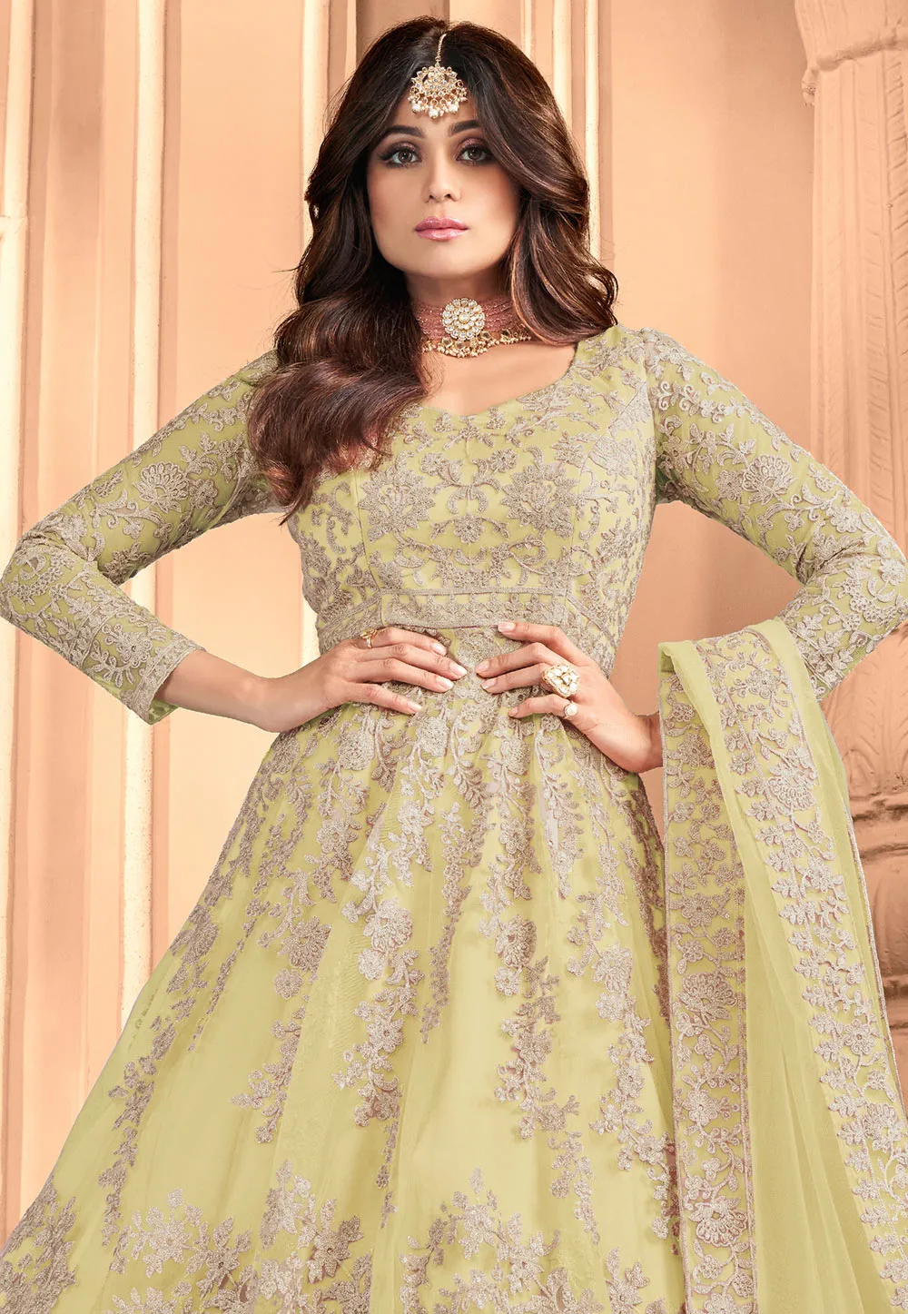 Lime Embroidery Wedding Anarkali Suit