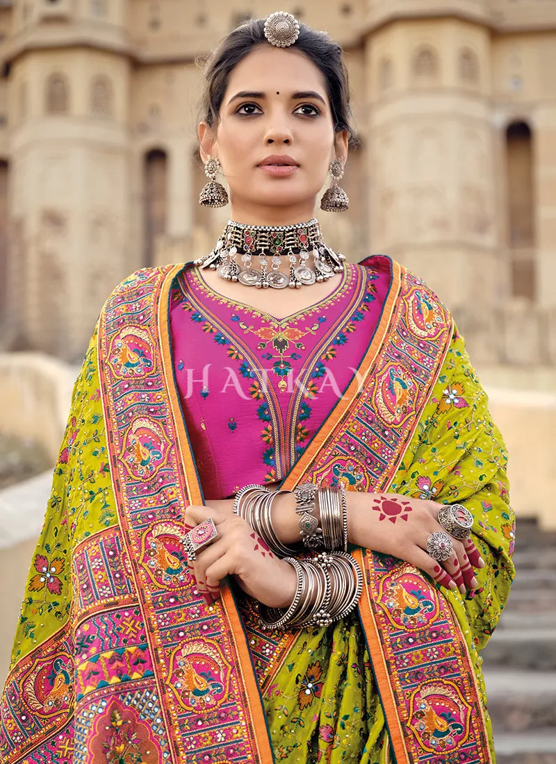 Lime Green And Pink Traditional Embroidered Banarasi Silk Saree