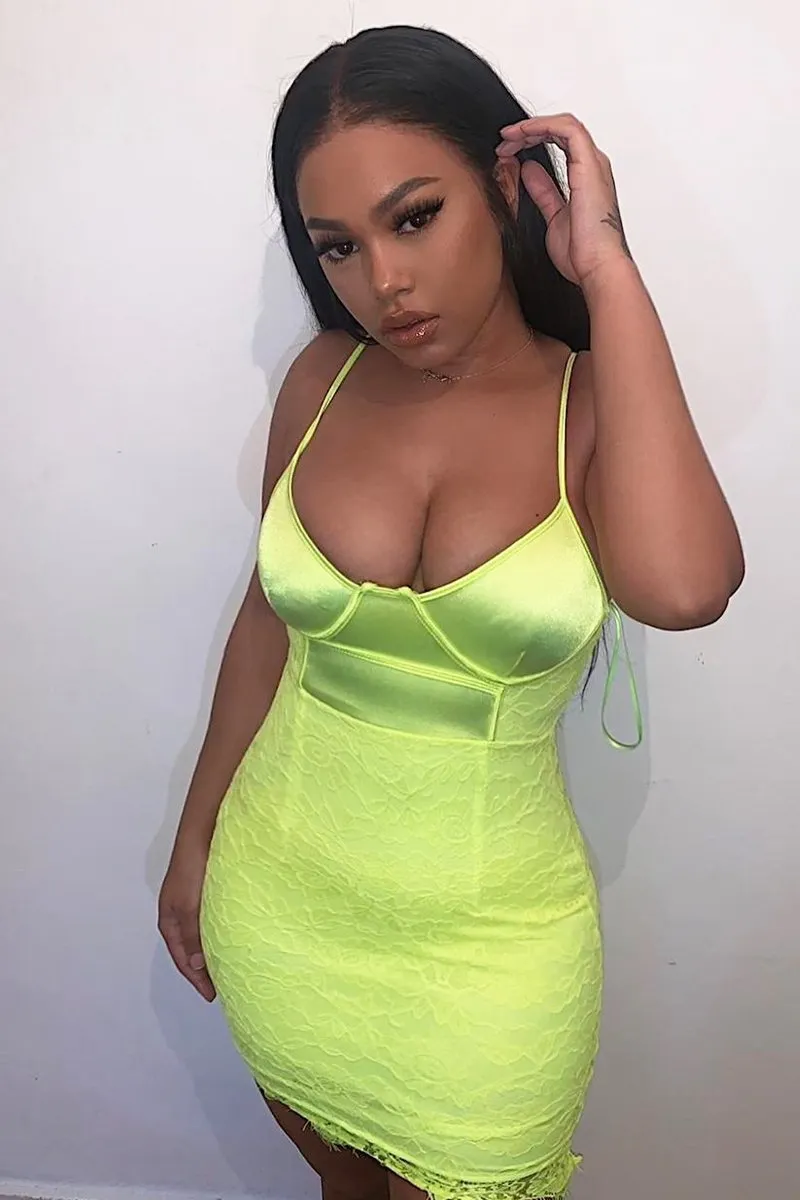 Lime Satin Lace Insert Bodycon Mini Dress - Cashlyn