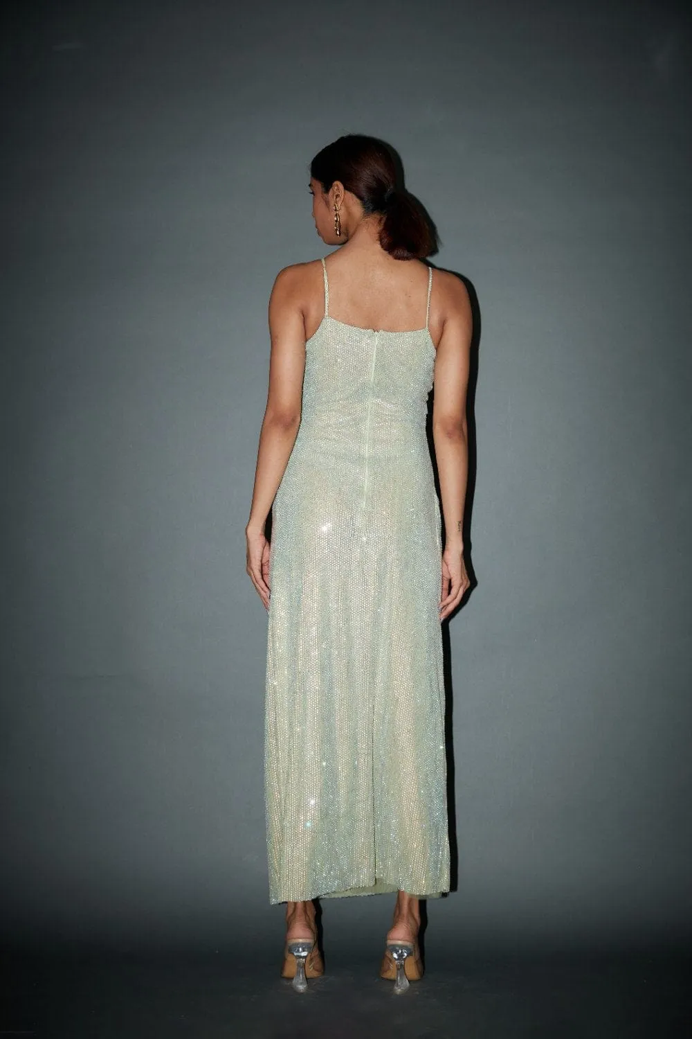 Lime Yellow Net Crystal Embellished Draped Dress