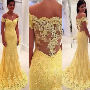 Long Lace Yellow Off Shoulder See-Through Back Evening Formal Fashion Prom Party Dress , PD0267