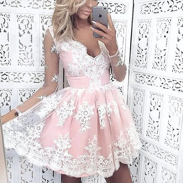 Long Sleeve Beautiful Homecoming Dresses Lace V-neck Short Prom Dress Party Dress OHM155