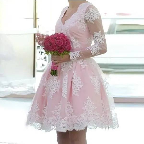 Long Sleeve Beautiful Homecoming Dresses Lace V-neck Short Prom Dress Party Dress OHM155