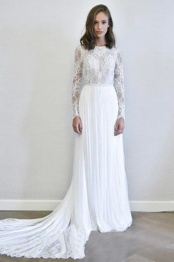 Long Sleeves A Line White Chiffon Wedding Dress with Lace OHD031