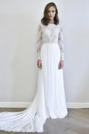 Long Sleeves A Line White Chiffon Wedding Dress with Lace OHD031