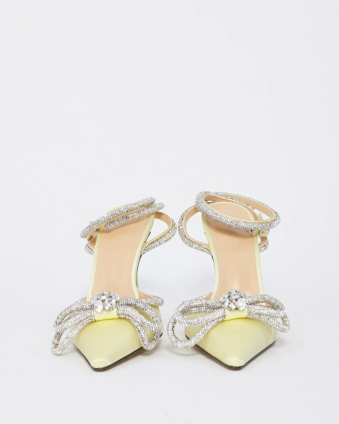 Mach & Mach Yellow Satin Crystal Bow Accents Slingback Pumps -40