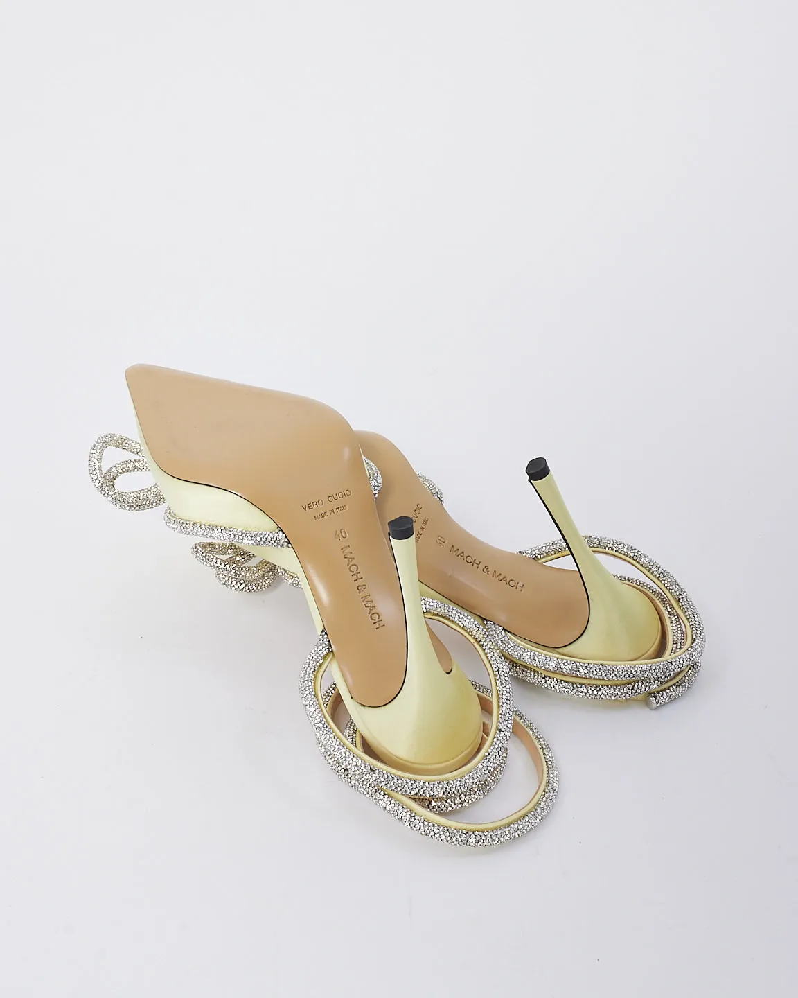 Mach & Mach Yellow Satin Crystal Bow Accents Slingback Pumps -40