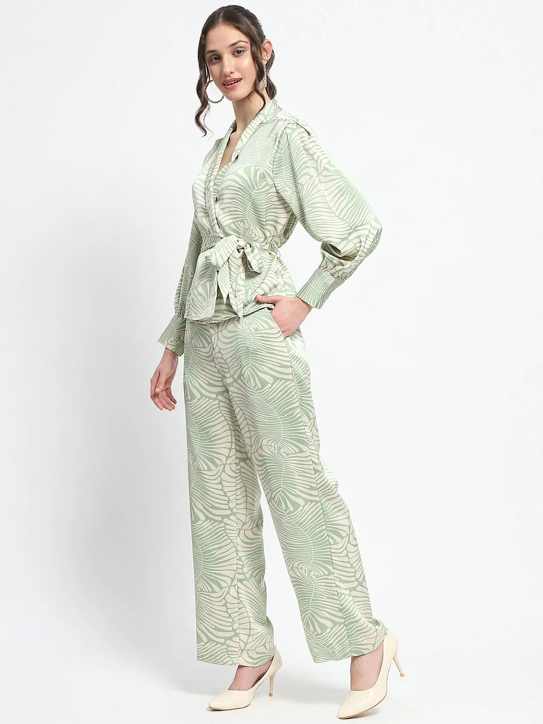 Madame Botanical Print Wrap Top and Bottom Beige Ensemble