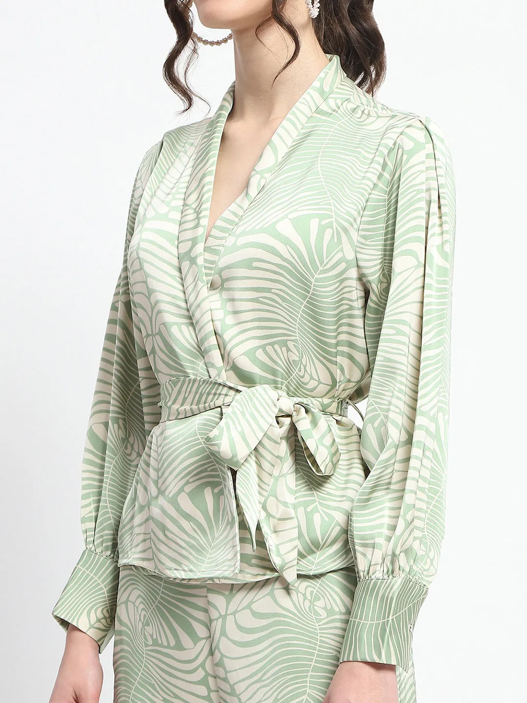 Madame Botanical Print Wrap Top and Bottom Beige Ensemble