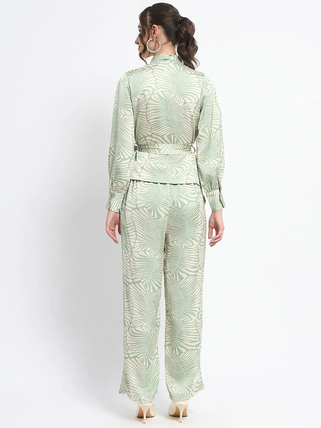 Madame Botanical Print Wrap Top and Bottom Beige Ensemble