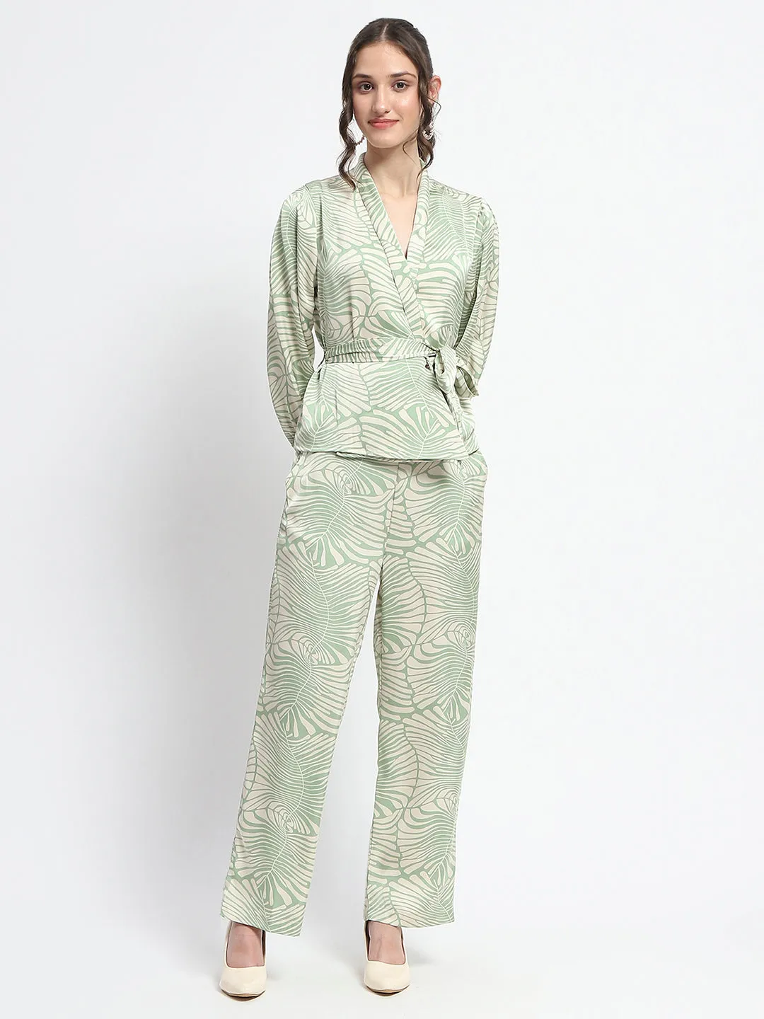 Madame Botanical Print Wrap Top and Bottom Beige Ensemble