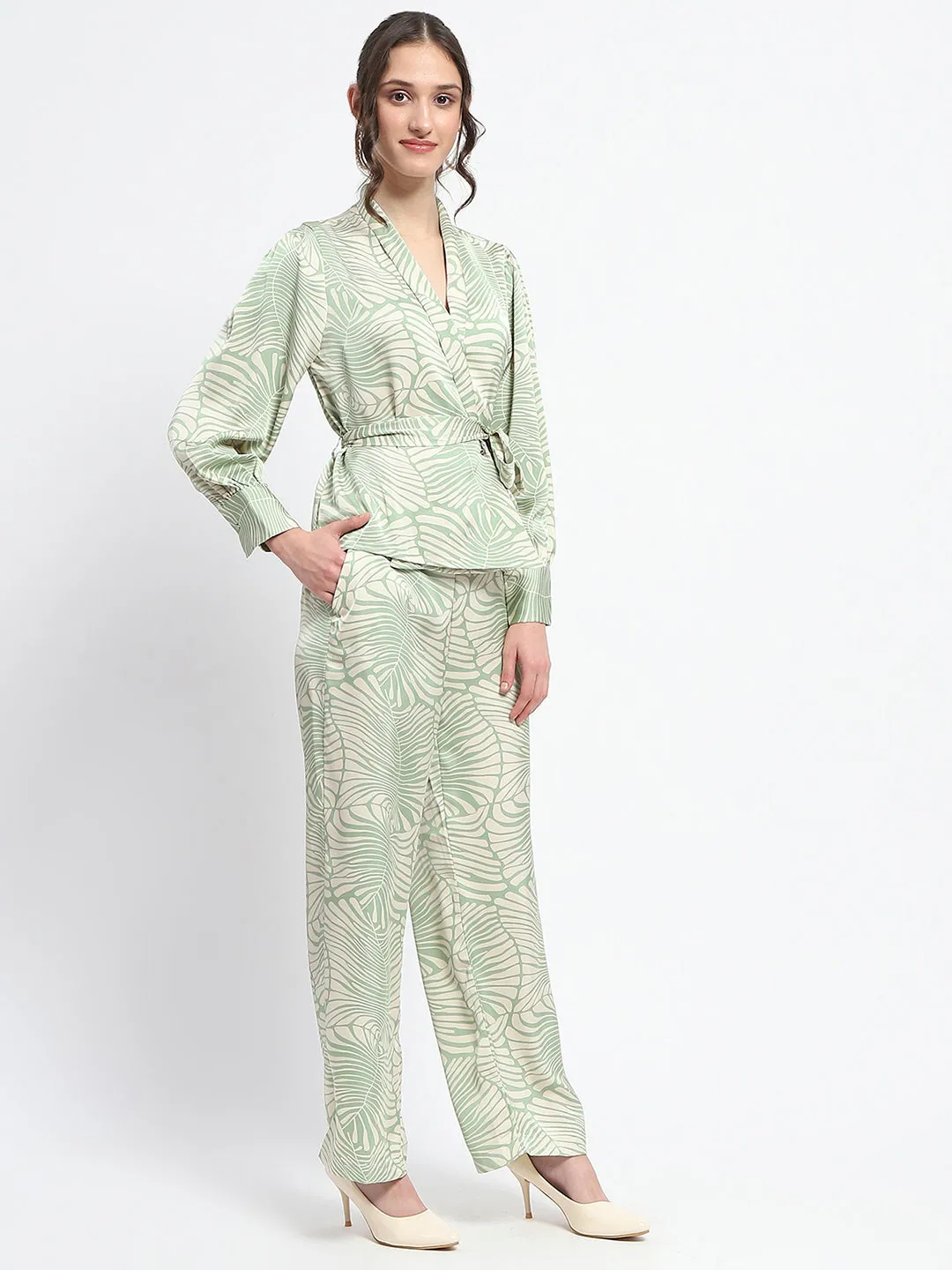 Madame Botanical Print Wrap Top and Bottom Beige Ensemble