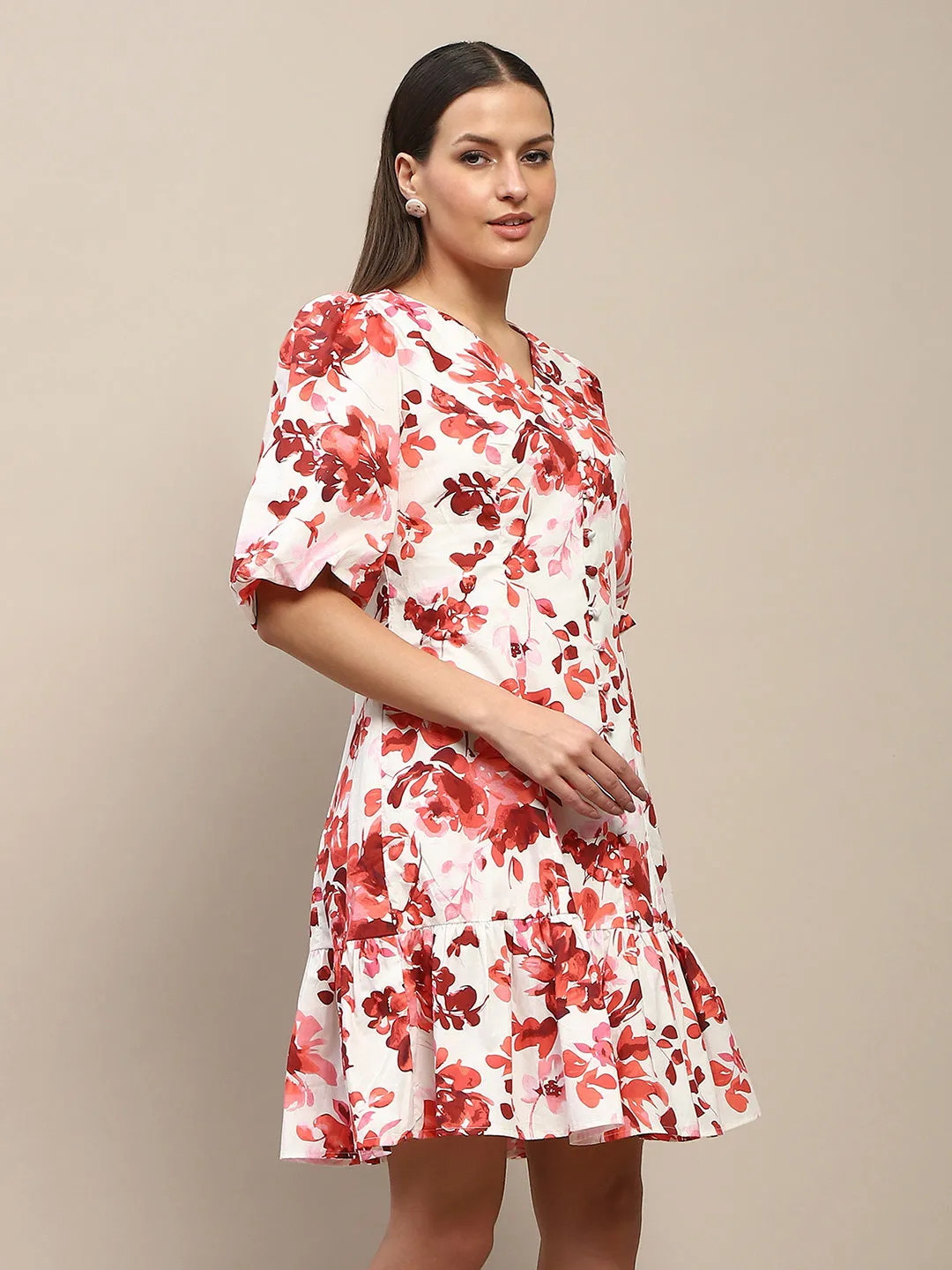 Madame Cotton Floral Print Tiered Red Mini Dress