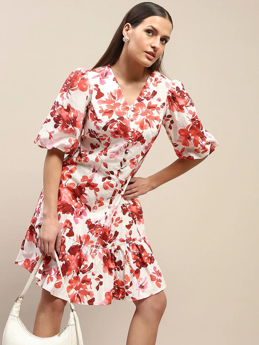 Madame Cotton Floral Print Tiered Red Mini Dress